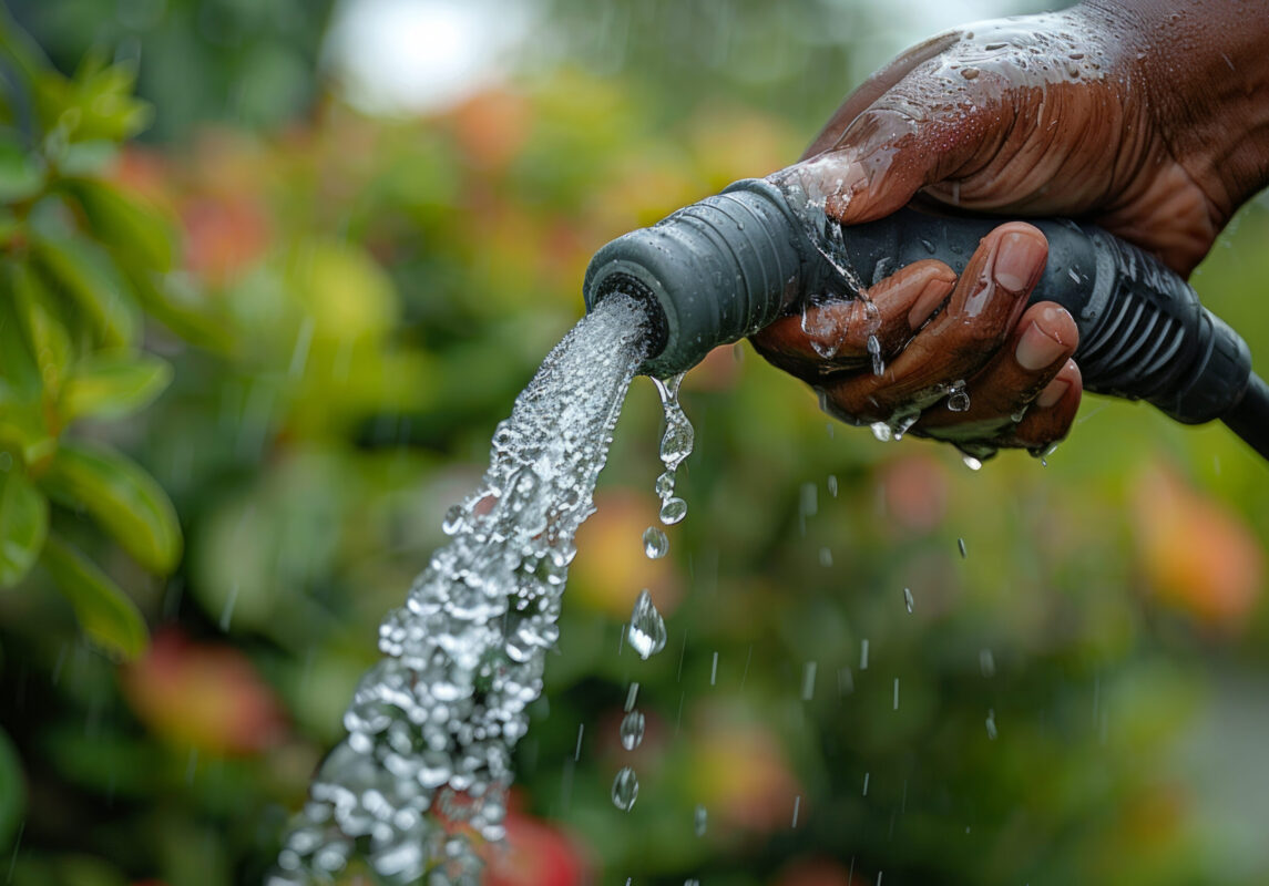 Close up of a hand holding a hose pipe watering the garden in summer.