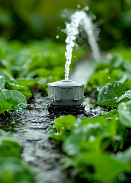 Sprinkler sprinkles water onto plants in garden.